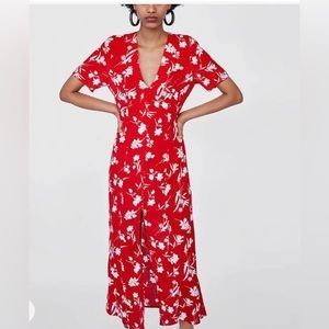 Zara Premium Denim Collection Floral Midi Button Down Open Front Dress